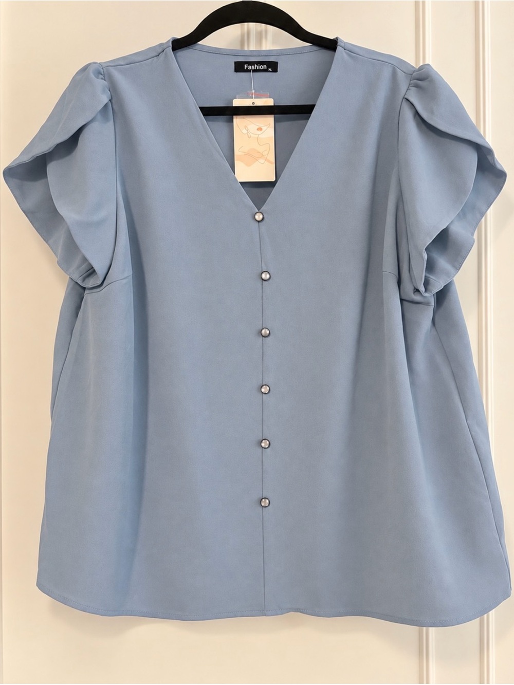 Light Blue V-Neck Ruffle Sleeve Women's Top